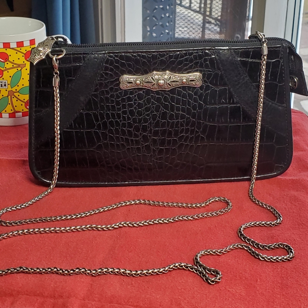 Brighton Black Croc-Embossed Clutch with Chain Strap
